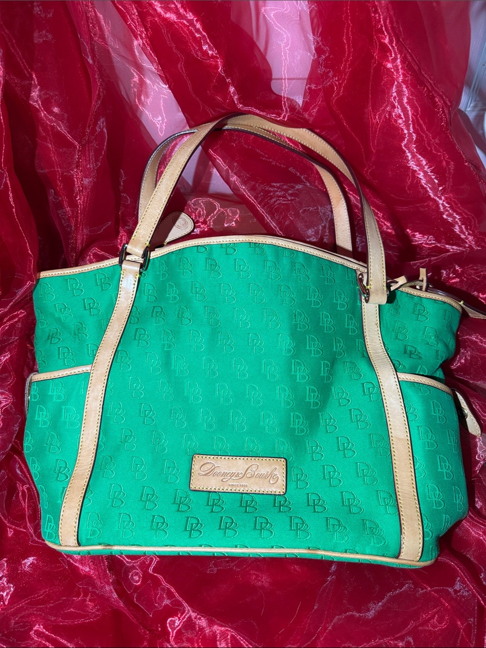 Dooney & Bourke Emerald Green Signature Tote with Tan Trim